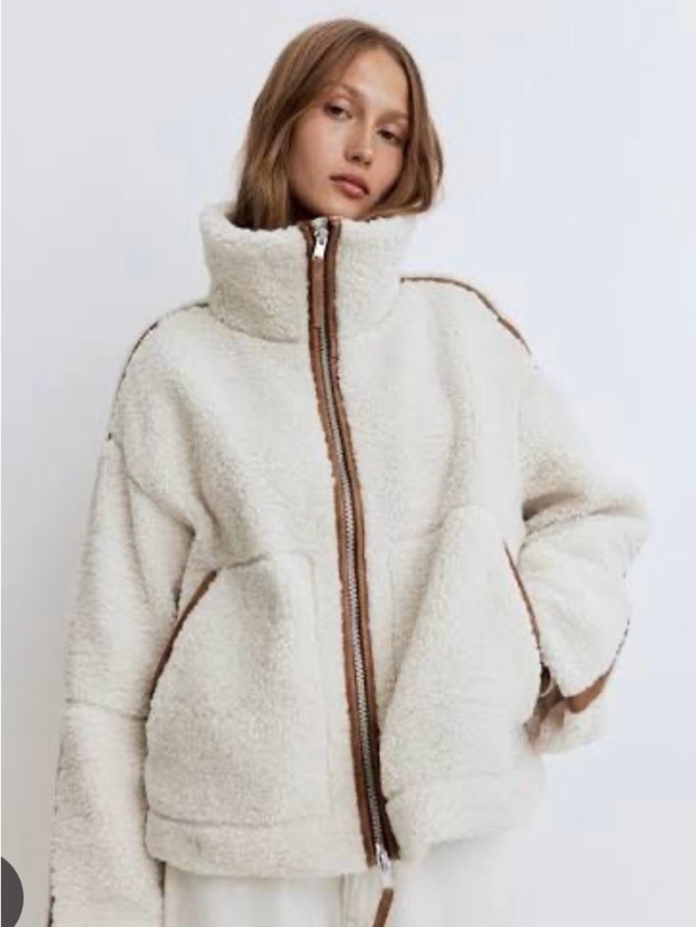 H&M Cream Teddy Sherpa Jacket with Brown Trim